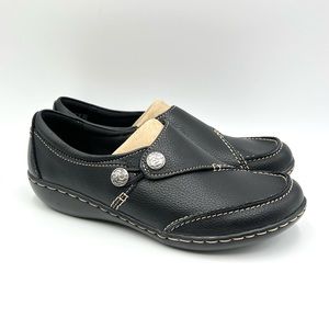 6W 6 WIDE Clarks Women's Ashland Lane Q Black Leather Slip On‎ Loafers Shoes